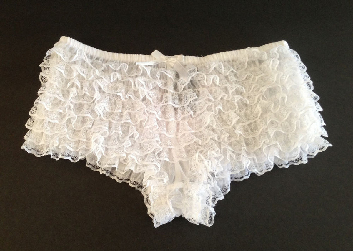 WHITE MESH LACE RUFFLE TANGA