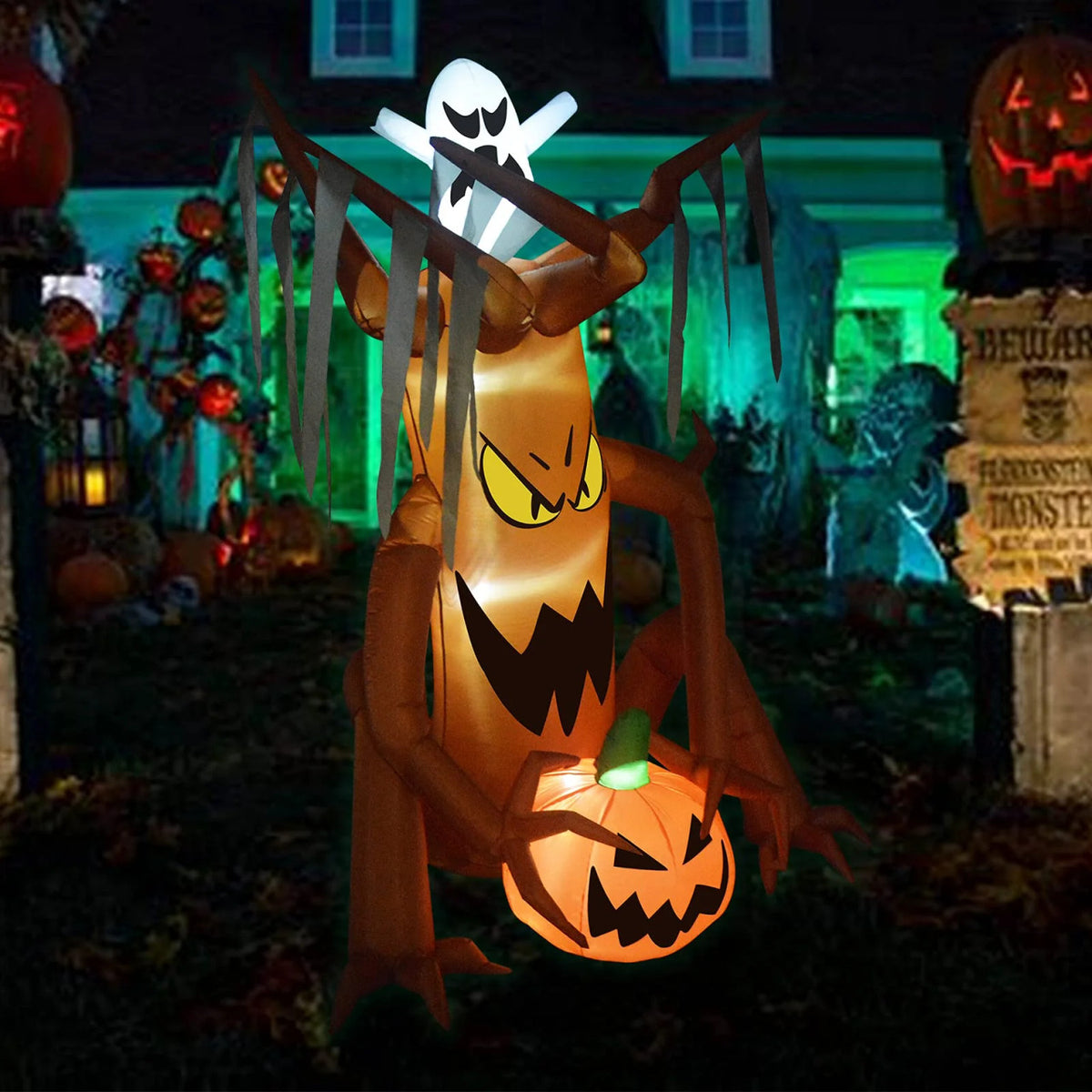 8-Foot Halloween Inflatable Decoration Giant Sitting Monster Tree Holding Pumpkin with Ghost on Top Built-in LED Light, Indoor/Outdoor, Yard, Garden, Patio, Lawn Halloween Blow Up Decoration