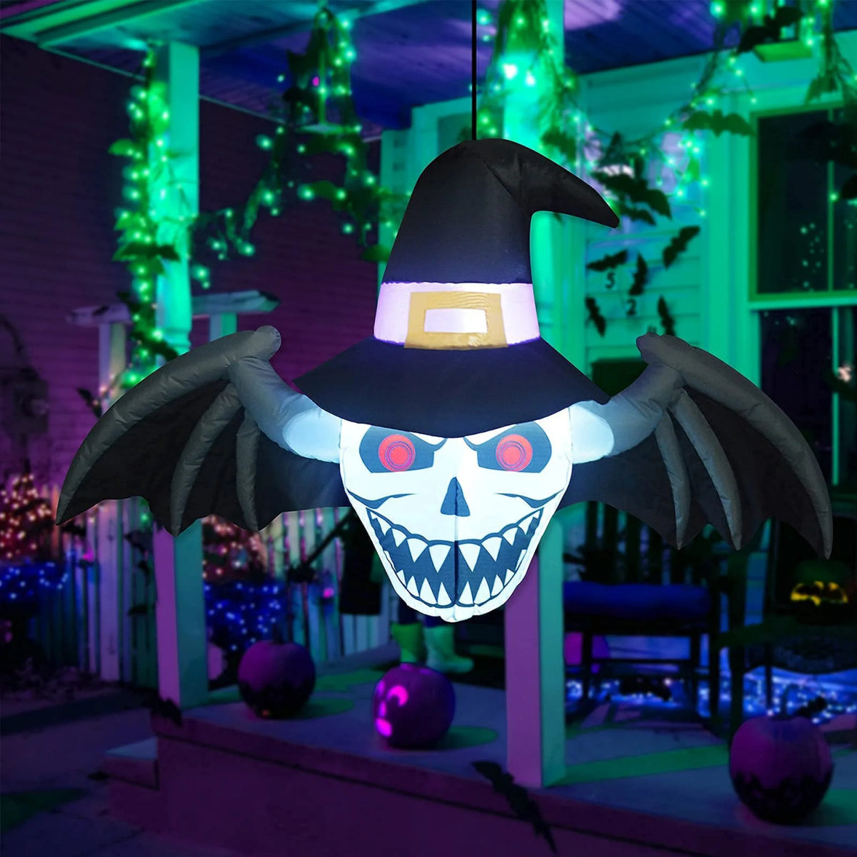 4 FT Length Halloween Inflatables Outdoor Winged Demon’s Head, Blow Up Yard Decoration Clearae with LED Lights Built-in for Holiday/Party/Yard/Garden