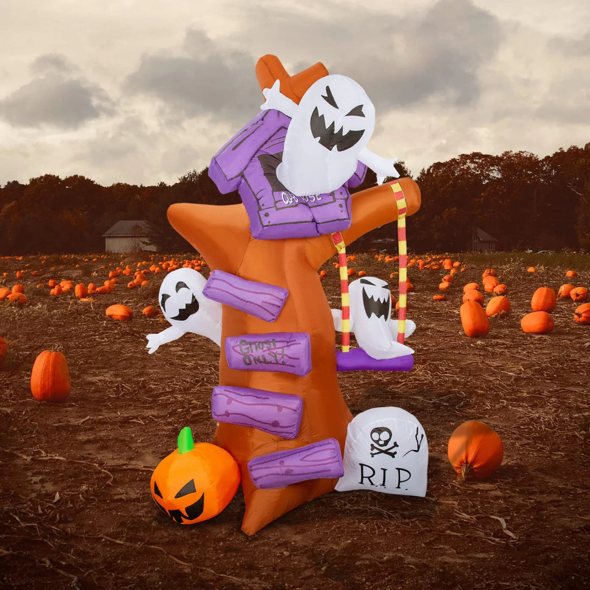 8 FT Height Halloween Inflatables Outdoor Ghost Tree with Ghost Pumpkin & Tombstone, Blow Up Yard Decoration Clearance with LED Lights Built-in for Holiday/Christmas/Party/Yard/Garden