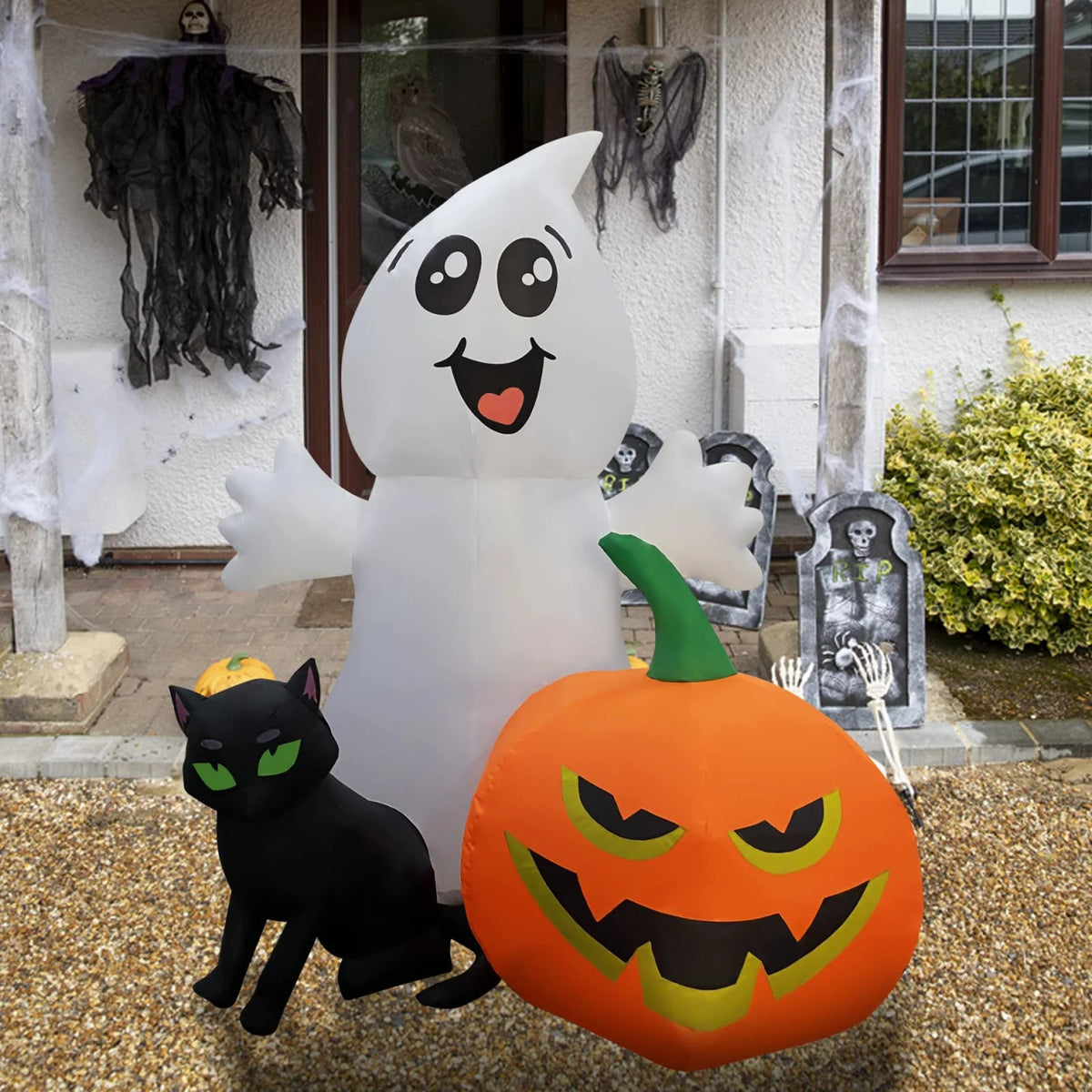 Halloween Inflatable 5FT Ghost with Black Cat and Pumpkin with Built-in LEDs Blow Up Yard Decoration for Holiday Party Indoor, Outdoor, Yard, Garden, Lawn