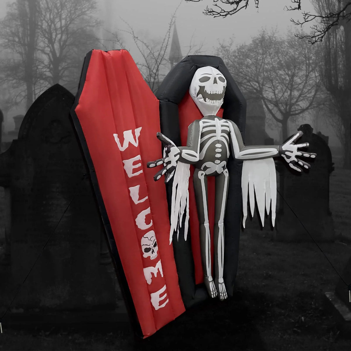 Halloween Inflatable 6FT Coffin Skeleton Skull with Built-in LEDs Blow Up Yard Decoration for Holiday Party Indoor, Outdoor, Yard, Garden, Lawn