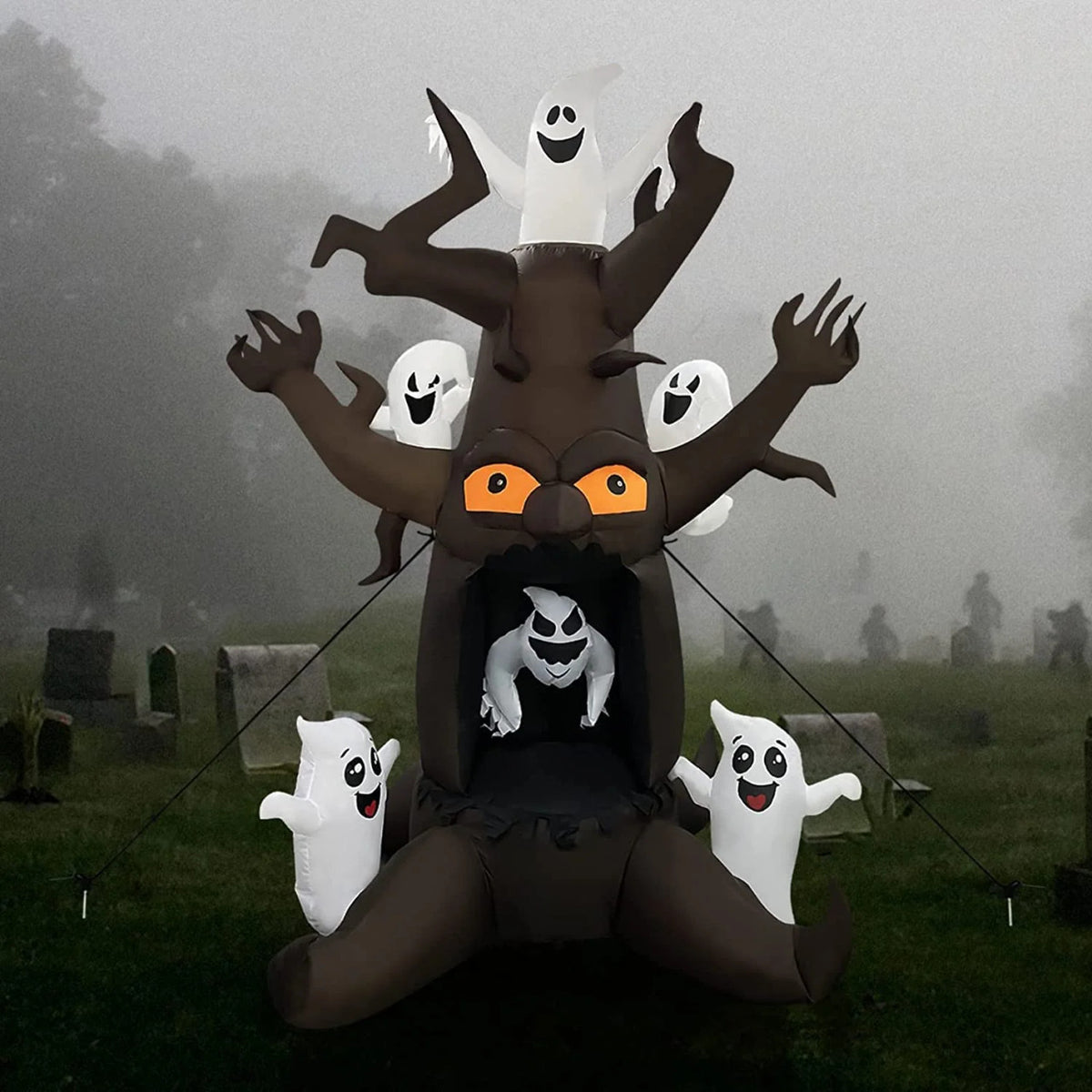 8 FT Halloween Inflatable Outdoor Dead Tree with Six White Ghosts, Blow Up Yard Decoration