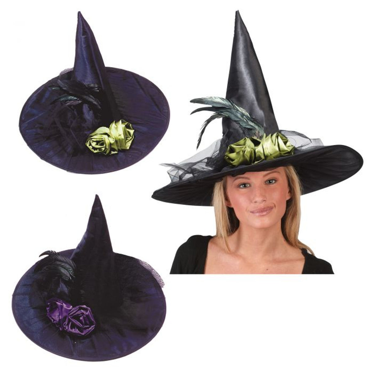 Fancy Feather Green Rose Witch Hat